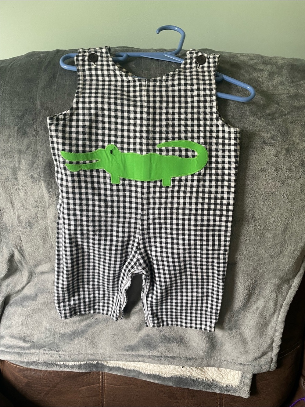Boutique Black & White Gingham Baby Romper with Green Crocodile Appliqué 12mth